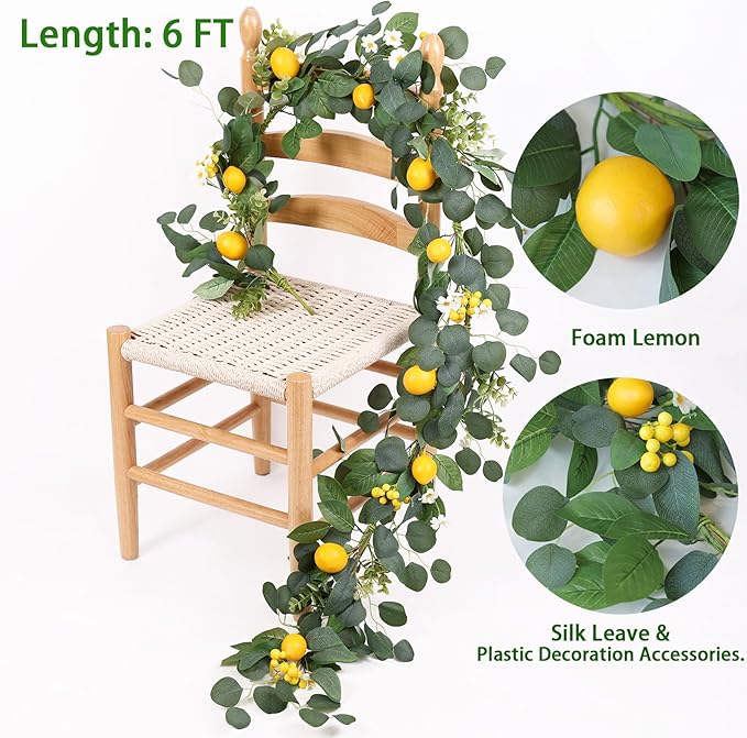 Mizii Artificial Lemon Garland 6FT Fake Fruit Lemons Garland with Green Eucalyptus Leaves Hanging Vines Greenery Decorations for Kitchen Table Centerpieces Room Wall Party Birthday Decor (Eucalyptus)