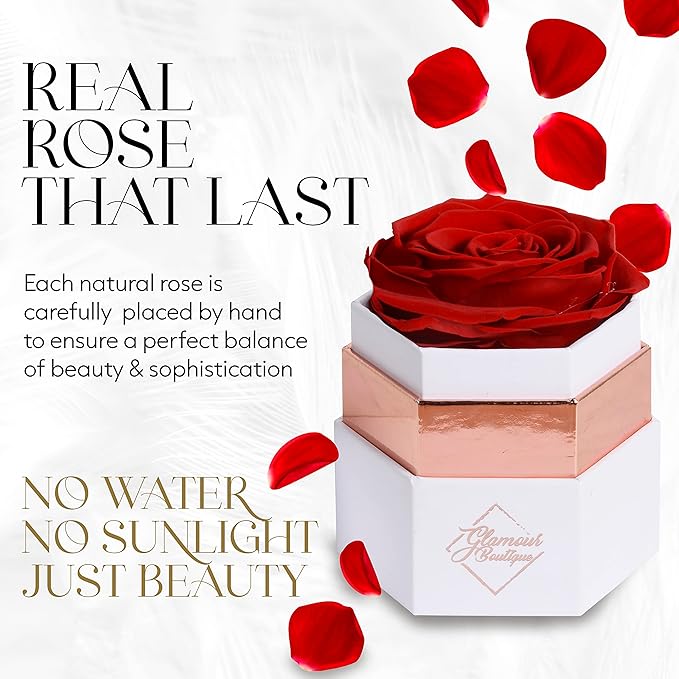 GLAMOUR BOUTIQUE Eternal Preserved Roses in a Box - Flowers Forever, Rose Forever in a Box for Wife, Birthday Gifts for Her, Single Rose, Red