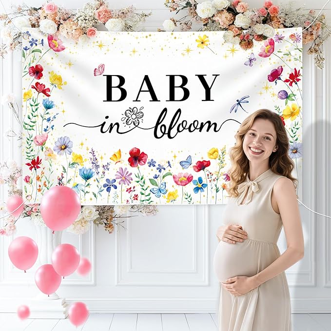 GodMax Baby in Bloom Backdrop Banner, Wildflower Baby Shower Decorations 3 x 5Ft Backdrop Banner Set