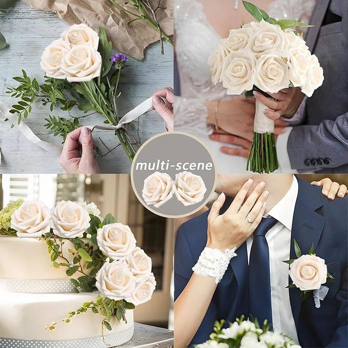 200PCS Artificial Flowers Champagne Roses Real Looking Foam Fake Roses with Leaves and for DIY Wedding Bouquets Bridal Shower Centerpieces Party Decorations (Champagne, 200)