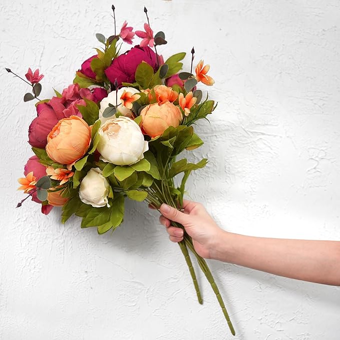 Barley White, Faded Orange & Pinkish Red Silk Peony and Hydrangea Bouquet with 2 Elegant Gold Taper Candle Holders – Luxurious Floral Arrangement for Weddings & Home Decor (Sunset Whisper)