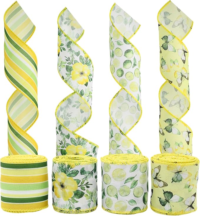 4 Rolls Floral Wired Edge Ribbon – Spring Summer Yellow Grosgrain with Butterfly, Lemon & Flower Motifs for Gift Wrapping, Wedding Decor, DIY Crafts (2.5 Inch, 5 Yards Each), Mother's Day Gift