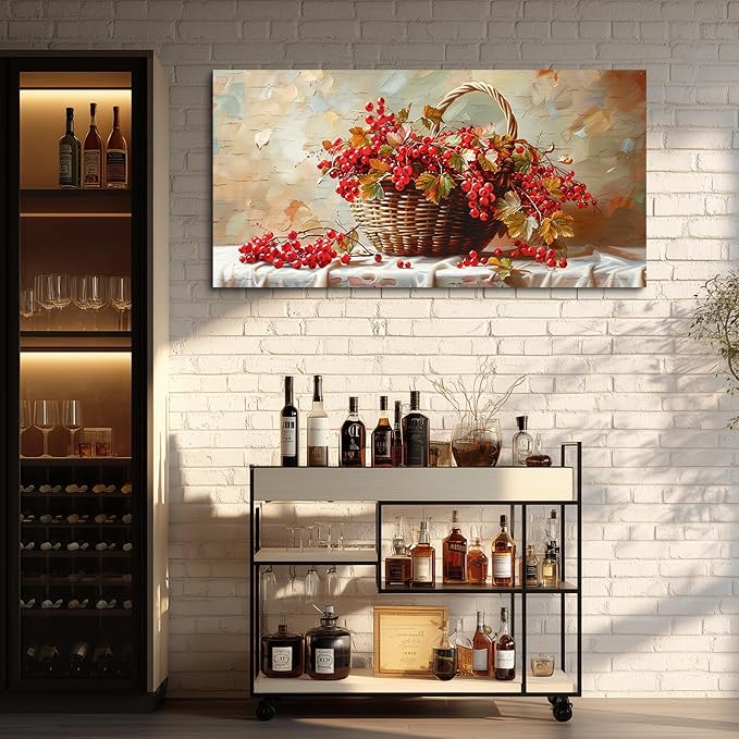 hyidecorart Rustic Dining Room Artwork For Walls Large Canvas Print Wall Art Still Life Bamboo Basket And Fruit Vintage Wall Decor Pictures For Living Room Farmhouse Kitchen Bar Office Posters 24x48