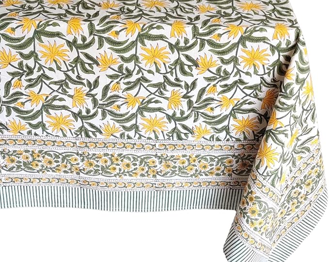 ATOSII 'Noor' 100% Cotton Boho Rectangle Tablecloth, Handblock Floral Print Linen Table Cloth for Dining Table I Tabletop I Parties/Outdoor I Wedding I Spring/Summer (60" X 108")