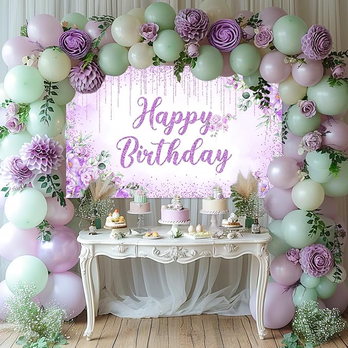 Avezano Happy Birthday Backdrop Banner for Girls Women Happy Birthday Party Decorations Floral Glitters Bday Banner Party Supplies (Purple, 6x3.6ft)