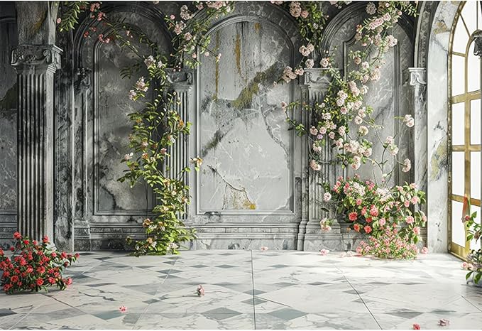 Baocicco 10x8ft Place Flower Wall Photography Background Victoria Arch European Castle Wall Pink Red Rose Backdrop for Women Girls Themed Party Decorations Wedding Baby Shower Cake Table Photoshoot