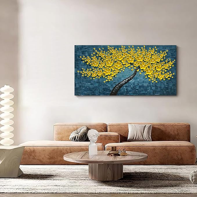 100% Hand Painted 3D Yellow Flower Tree Oil Painting Blue Canvas Texture Mural Living Room Bedroom Dining Room Mural 24x48 inches