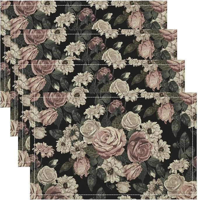 Floral Placemats Set of 8, 17x12 Inch Vintage White Pink Rose Flower Spring Plant Boho Art Print Table Mats for Home Party Kitchen Dining Decor