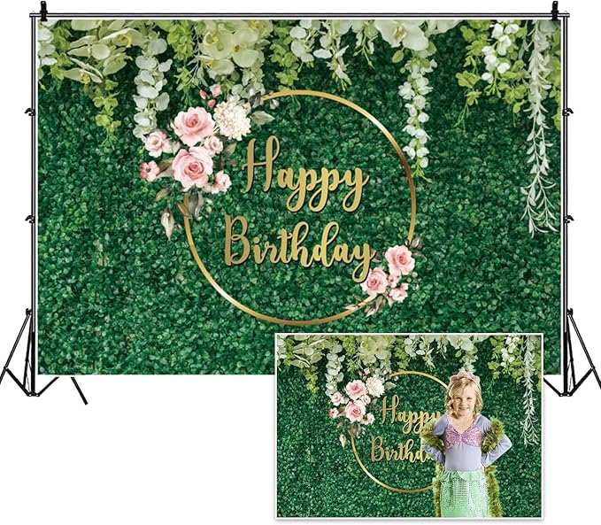 8x6ft Happy Birthday Backdrop Green Grass Flowers Wall Greenery Green Leaves Nature Botanical Photography Background Birthday Party Anniversary Portrait Studio Photo Props Polyester