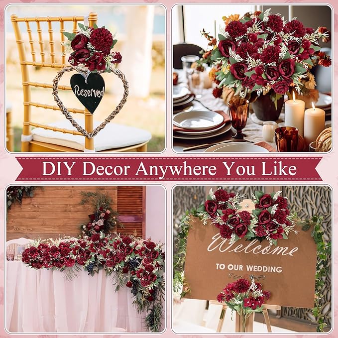 Lyrow 8 Pcs Peony Artificial Flowers Fake Silk Hydrangea Bouquet Elegant Peony Flowers for Wedding Decoration Faux Realistic Floral for Home Party Table Centerpieces Arrangement (Claret)