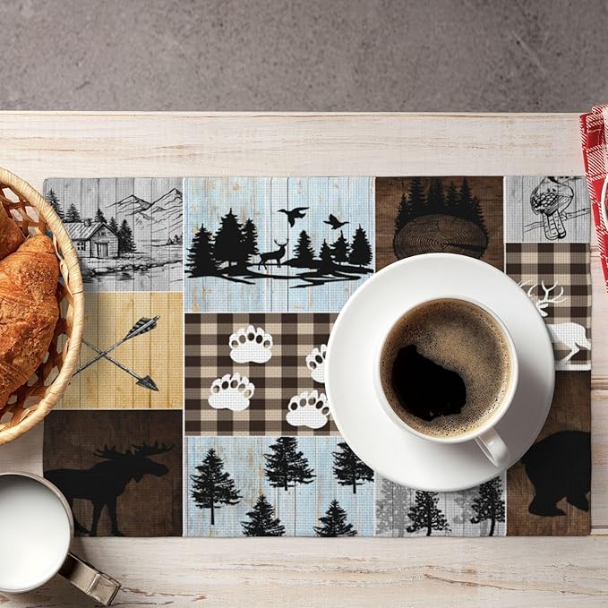 Rustic Lodge Bear Deer Placemats 4 Pcs,Vintage Cabin Pine Cone Plaid Place Mats,Linen Dining Table Mats Home Kitchen Decor, 18 X 12 Inch 4 PCS, Style-22