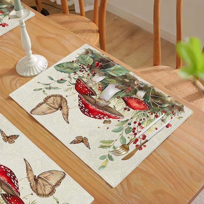 Mushroom Botanical Placemats Set of 4 Mushroom Plants Leaves Butterfly Place Mats Botanic Waterproof Washable Table Mats Kitchen Dining Decoration 4 PCS