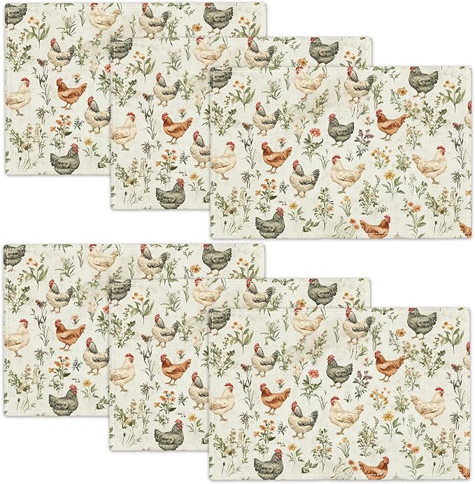 Farmhouse Rooster Placemats Set of 6, Rustic Chicken Place Mats, Country Flowers Dining Table Mats, Washable Placemats for Kitchen Dining Room Home Decor 18L'' × 12W''