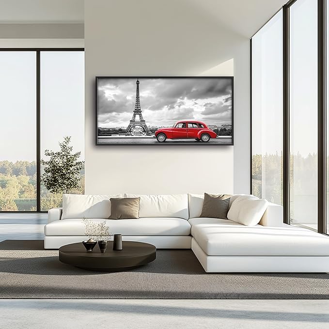 Eiffel Tower Large Wall Art Black and White Framed Red Wall Decor for Living Room Paris City Pictures Oversized Canvas Print Painting Modern Extra Large Framed Artwork for Bedroom Office 60"x30"