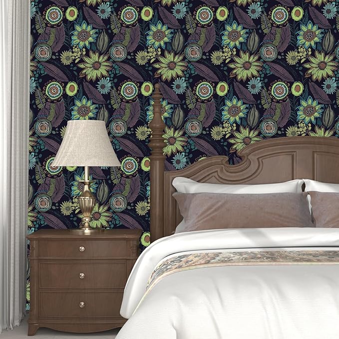 Vintage Boho Wallpaper Peel and Stick, Gothic Floral Contact Paper, Retro Flowers Bohemia Wall Paper Self Adhesive Removable Waterproof for Walls Shelves Cabinet Table 17.5" x 118"(Dark Purple, Green)