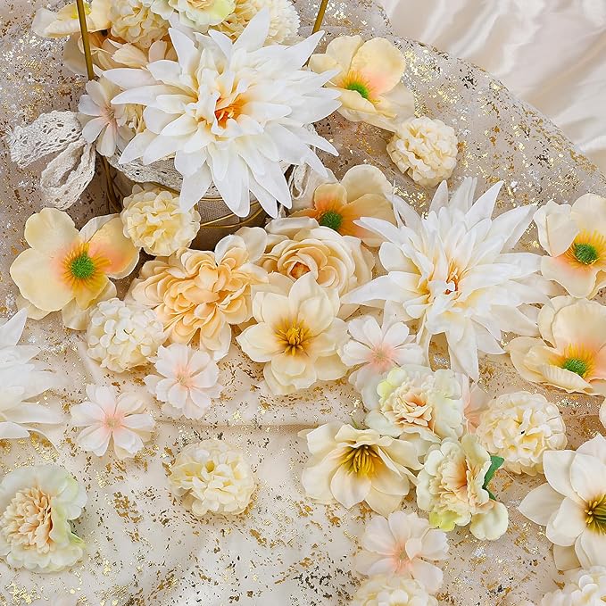56 Pcs Champagne Artificial Flower Bulk, Fake Flower Heads for Crafts - Faux Mini Fabric Rose Daisy Hydrangea Carnation Mix for DIY Wedding Bouquets Garland Hair Cap Cake Party Home Decoration