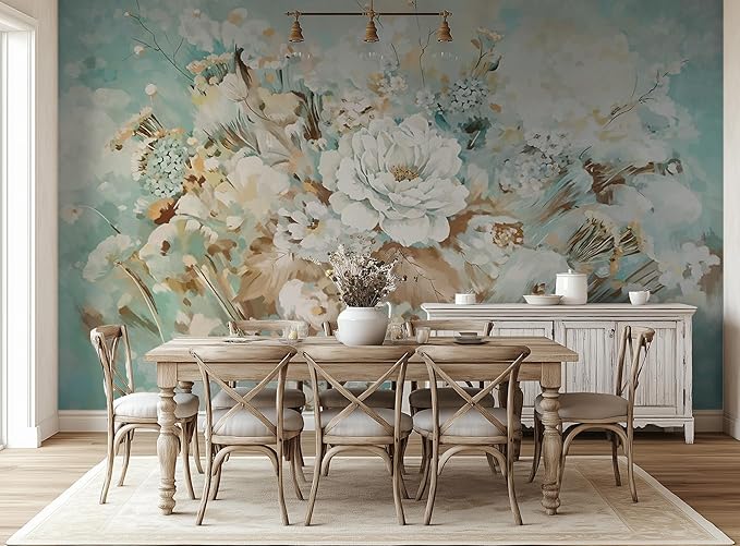 Vintage Floral Wall Mural – Large White Peony Bloom on Blue Background, Removable Peel and Stick Wallpaper for Dining Room, Living Room, or Bedroom Decor