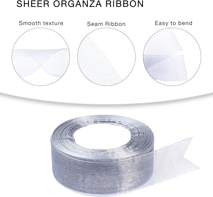 1.5 inch Sheer Organza Ribbon Silver Chiffon Ribbon for Gift Wrapping Christmas Halloween Decoration Wedding Bouquet Crafts 50 Yards