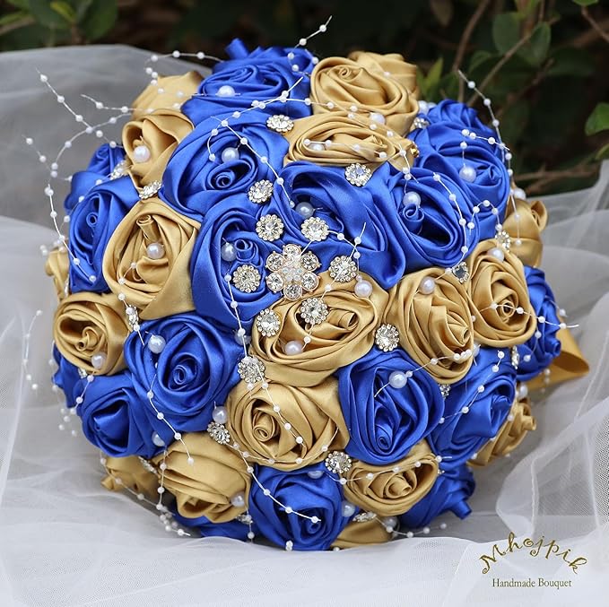 Bridal Wedding Bouquet Round Bling Brooch Bouquet Throw Toss Artificial Rose Flower Bunch for Bride Bridesmaid Wedding Quinceanera(Royal Blue & Gold, 6.3")