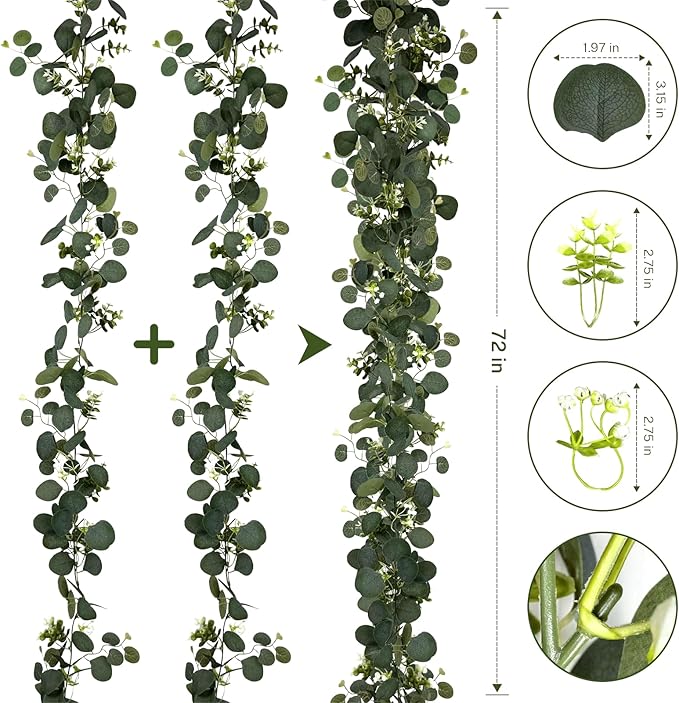 6Pcs Eucalyptus Garland, 6FT Green Flower Garland Decor, Artificial Faux Eucalyptus Leaves Greenery Vines for Table Runner Wedding Bedroom Mantle Centerpieces Backdrop Decorations