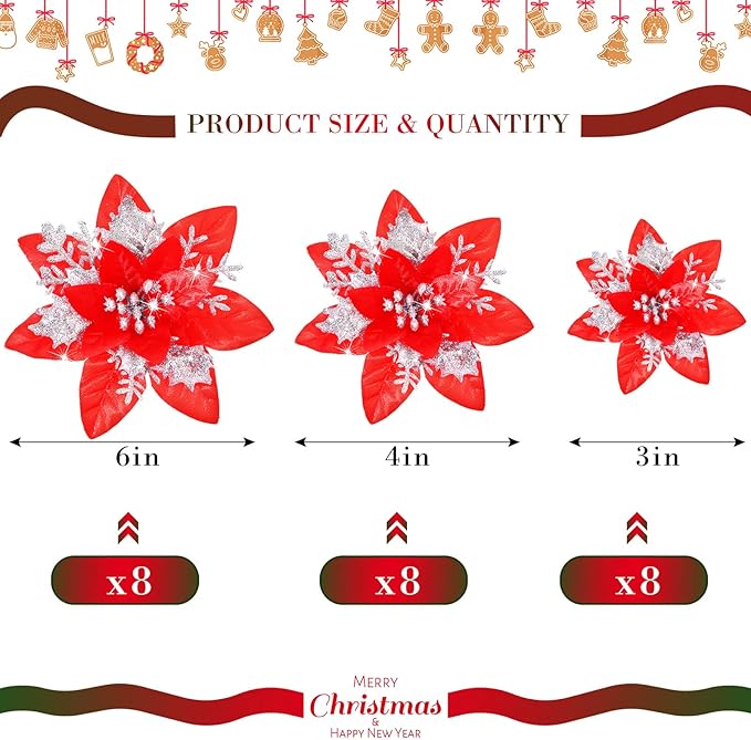 24 Christmas Glitter Artificial Poinsettia Flowers Xmas Poinsettia Artificial Wedding Flowers Decorations Xmas Tree Ornaments with Clips for Party Favors, 6 Inch, 4 Inch, 3 Inch (Red and Silver)