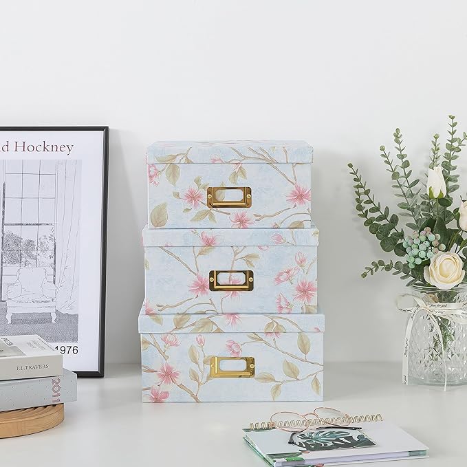 Soul & Lane Decorative Cardboard Storage Boxes - Set of 3 Square Stacking Boxes with Lids and Gold Label Holders, Nesting Photo Storage for Decor and Organizing, Pale Blue