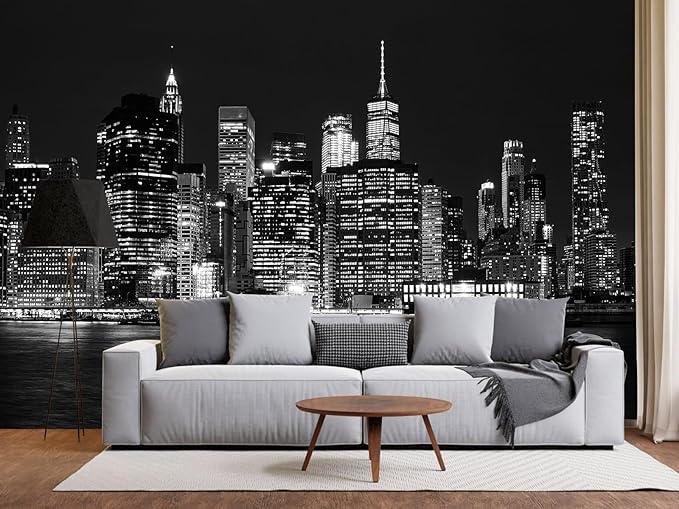 Black City Wallpaper Peel and Stick New York Night Scene Self Adhesive Wall Mural for Living Room Bedroom 137"x100"