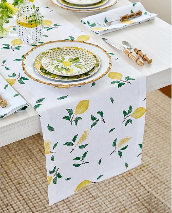 Solino Home Lemon Print Table Runner 120 Inches Long - 100% Pure Linen Table Runner 14 x 120 Inch - Machine Washable - Botanical Lemon/White Print