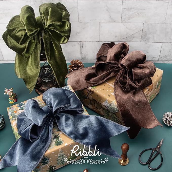 Ribbli Dusty Blue Velvet Wired Ribbon 4 Inch Velvet with Satin Christmas Ribbon for Gift Wrapping Christmas Tree Decoration Crafts Wreaths Supplies-Continuous 10 Yards