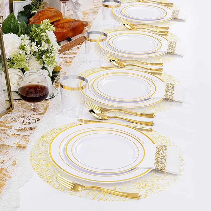 Hysenm 100 Pcs Disposable Gold Placemats Set Metallic 13 Inch Round Table Doilies, Ultra-Thin Messy Lines Disposable Placement Mats for Home Decoration Dining Table Wedding Birthday Party