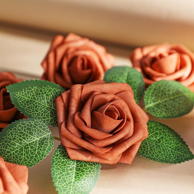 AmyHomie Artificial Flowers Burnt Orange Rose 25pcs Real Looking Fake Roses w/Stem for DIY Wedding Bouquets Centerpieces Arrangements Party Baby Shower Valentines Day Christmas Tree Decorations