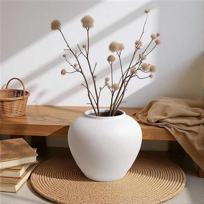 Rustic Matte Ceramic Vase for Home Decor, 7.48 Inch Farmhouse Minimalist White Round Vase for Flowers, Living Room, Kitchen, Table, Entryway, Decorative Pottery Vases for Centerpiece, Bedroom