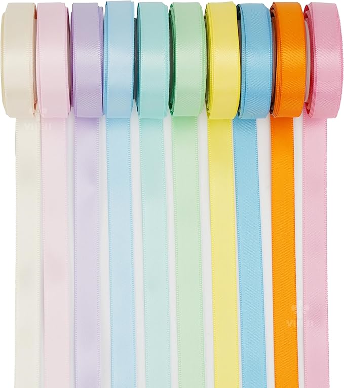 MEEDEE Pastel Rainbow Ribbon Assortment Satin Rainbow Colored Ribbon 3/8" X 50 Yards for Crafts, Gift Wrapping, Party Decoration, DIY Handmade Hair Bows