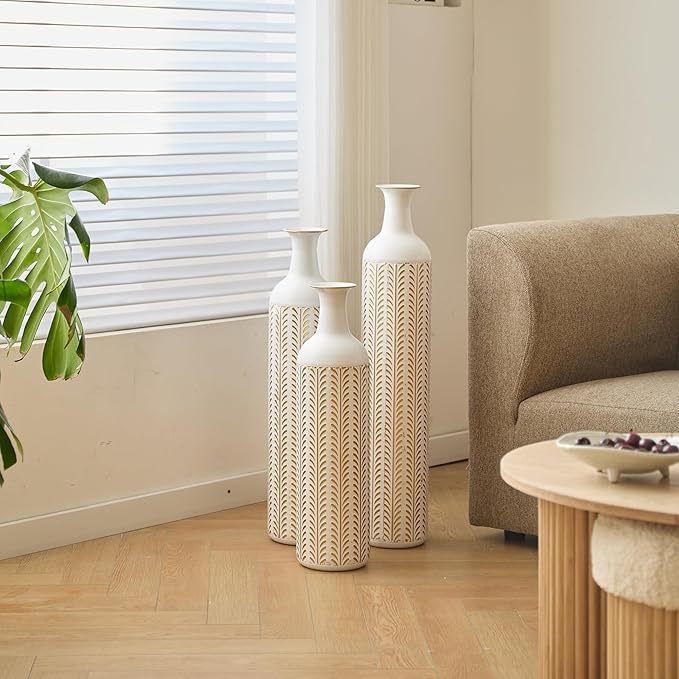 Floor Oversized Gold Metal Decorative Vase with 3D Triangle Pattern Set of 3 Large Vases for Home Living Room 33.5 ", 29.5 ", 25.2" High (Vintage White)