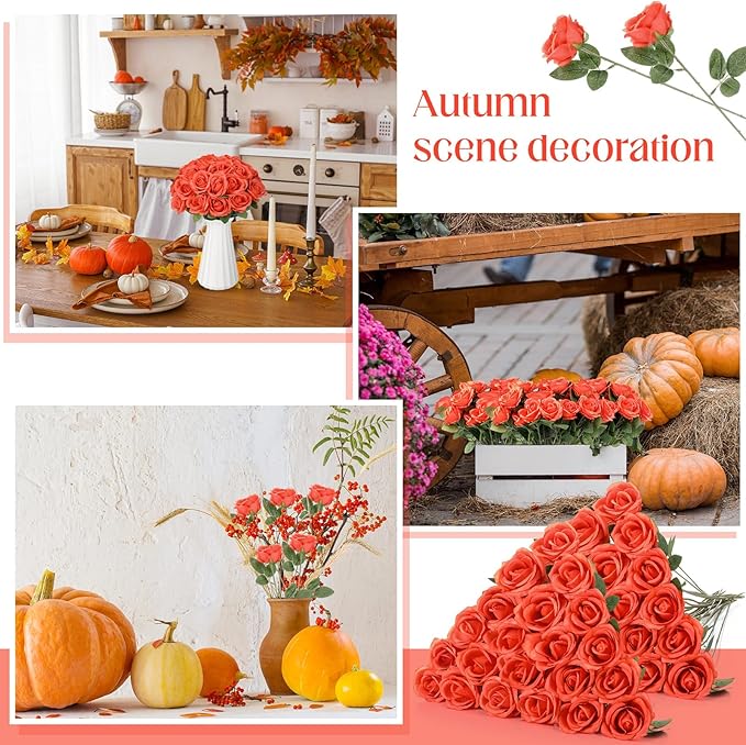Jexine 60 PCS Artificial Roses Bulk Silk Flowers with Long Stems, Realistic Faux Rose Bouquet for Wedding Centerpieces, Valentine’s Party, Home Decor(Orange)