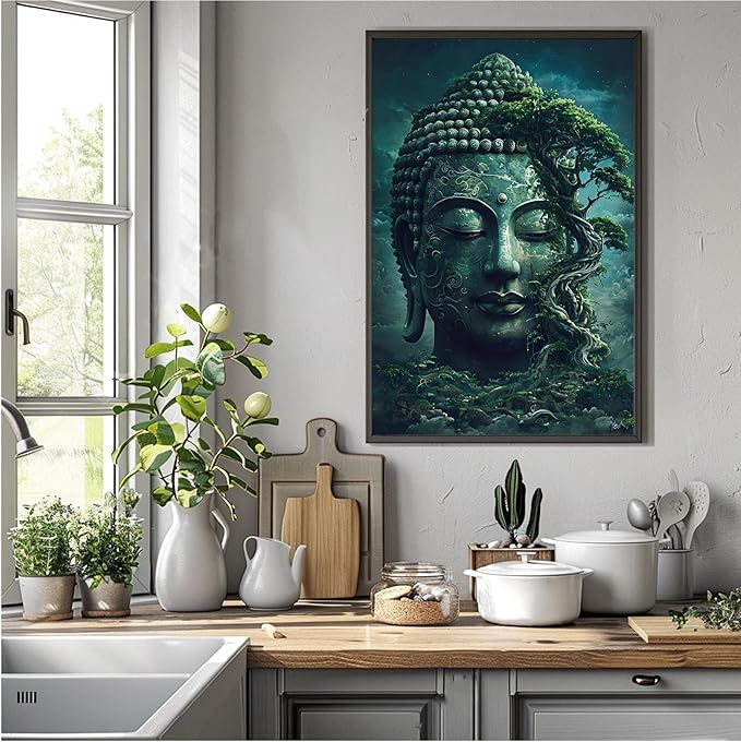 Buddha statue wall art canvas wall decor aesthetic picture mystical nature art for tranquil home and spiritual space 24x36in Metal blackFramed
