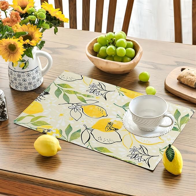 Lemon Table Placemats Set of 4 Farm Food Bee Animal Flower Placemat Set Farmhouse Kitchen Dining Holiday Party Waterproof Washable Table Mats for Kitchen Dining Decoration 4 PCS