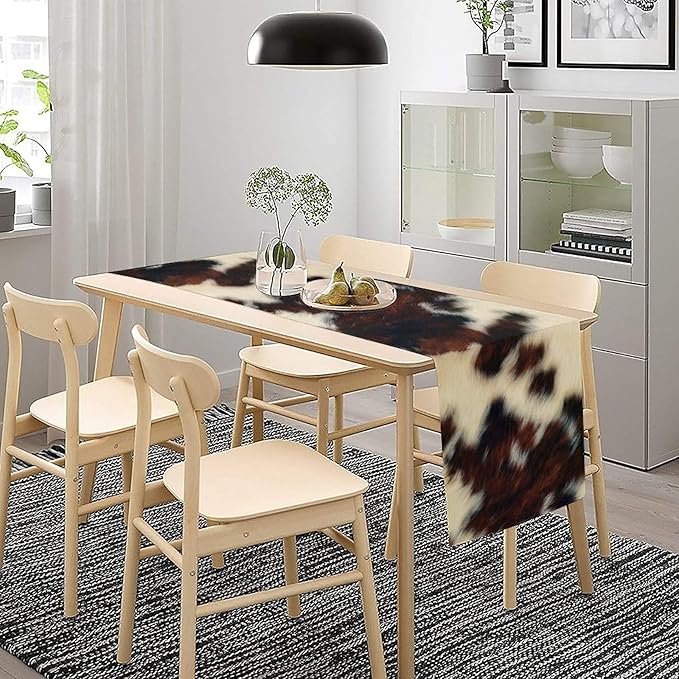 Cow Skin Print Table Runner, Vintage Cottage Country Animal Fur Skin Pattern Western Style Farmhouse Black Brown Cowhide Print Dinner Runner Home Kitchen Dining Table 13x108in