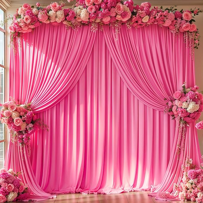 Hot Pink Backdrop Curtain 8 Panels-Wrinkle-Free Polyester Photography Drapes for Wedding Party Photo Background Decorations- 32 X10FT (Hot Pink)