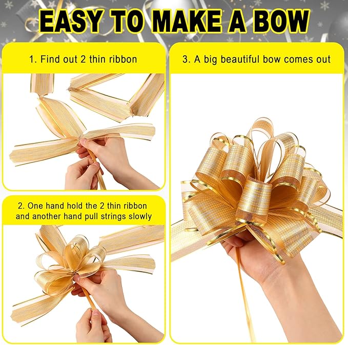 WILLBOND 20 Pieces 6 Inch Pull Bows Gift Wrapping Ribbon Pull Bows for Christmas Wedding Baskets Valentine Multicolor Wrap Accessory for Gift Present Holiday Decor(Black, Gold)
