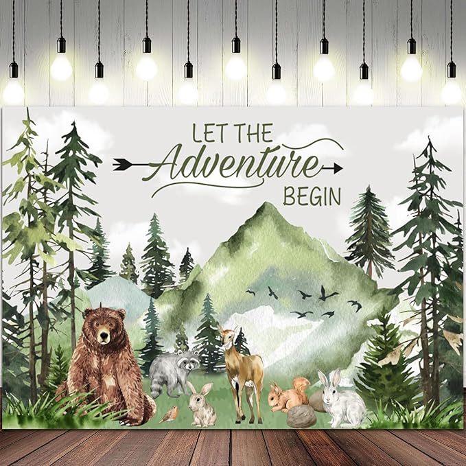 8x6ft Baby Shower Backdrop Mountain Forest Wild Animal Photography Background Cartoon Bear Woodland Green Trees White Cloud Birthday Party Banner Decorations Gender Reveal Photo Booth Prop