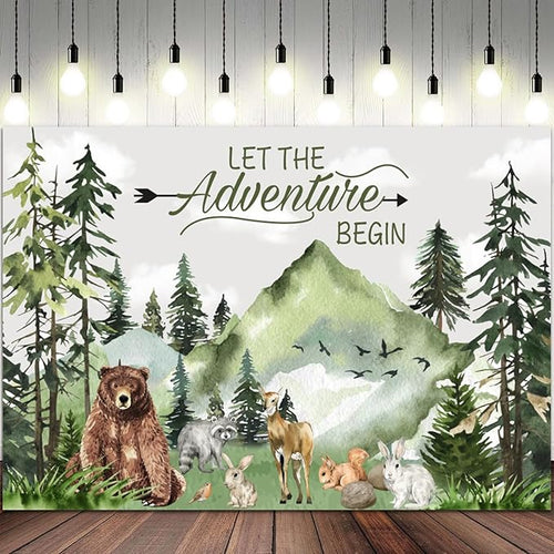 12x8ft Baby Shower Backdrop Mountain Forest Wild Animal Photography Background Cartoon Bear Woodland Green Trees White Cloud Birthday Party Banner Decorations Gender Reveal Photo Booth Prop
