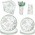 175Pcs Sage Green Floral Paper Plates and Napkins 25 Guests Green Toile Chinoiserie Party Supplies Set Include Plates Napkins Cups Spoons Forks Knives for Birthday Wedding (175, Sage Green Floral)