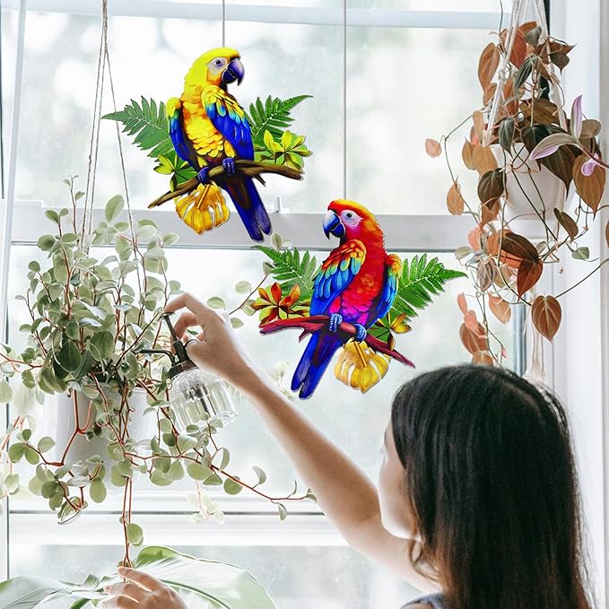 ULENDIS 2 Pack Metal Parrot Wall Decor, 11.8" Bright Color Tropical Bird Macaw Outdoor Wall Art Patio Fence Decorations, Hanging Bird Decor for Garden Yard Living Room Bedroom Balcony