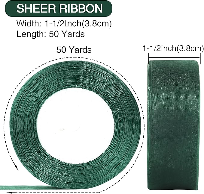 1-1/2 Inch x 50 Yards Sheer Organza Ribbon Chiffon Ribbon for Gift Wedding Flower Bouquet Wrapping Decorations Crafts (Dark Green)