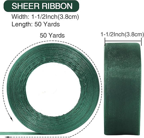 1-1/2 Inch x 50 Yards Sheer Organza Ribbon Chiffon Ribbon for Gift Wedding Flower Bouquet Wrapping Decorations Crafts (Dark Green)