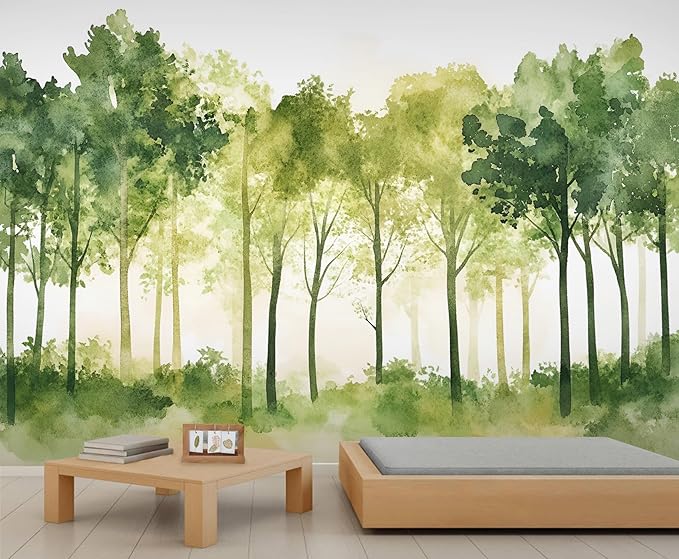 Watercolor Forest Wall Mural, Minimalist Forest Scene 3D Wall Murals, Nordic Nature Wallpaper Mural, for Living Room Bedroom Large Wallpaper Indoor Decor 177.16" W x120 H