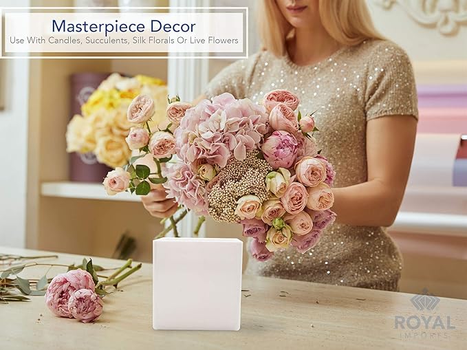 Royal Imports Flower Acrylic Vases Cubes - Decorative Centerpiece for Home or Wedding - Non Breakable Plastic, 6" - White