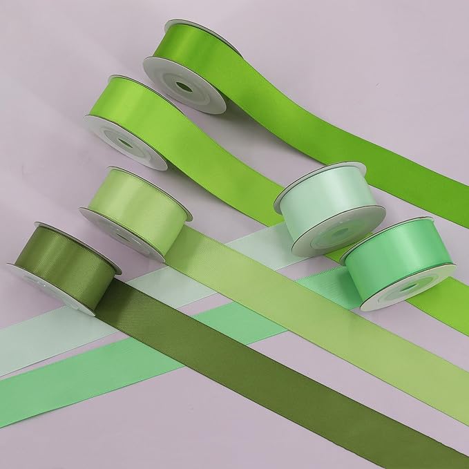 Sage Green Satin Ribbon Solid Fabric Ribbons 1'' inch Double-Faced Satin Ribbon for Gift Wrapping, Wedding, Birthday, Baby Shower Decor Floral Bouquet Crafts- 6 Colors X 5 Yards Each