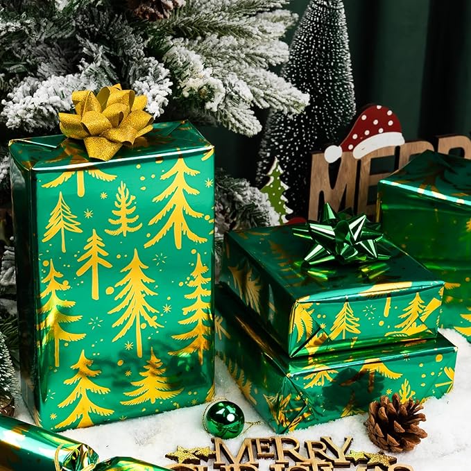 MAYPLUSS Vintage Green Christmas Wrapping Paper Roll - 17 Inch X 33 Feet - Metallic Gold Foil Christmas Tree On Green Flat Wrap Paper Sheet for Holiday, Winter, Party, DIY Crafts & Festive Decoration